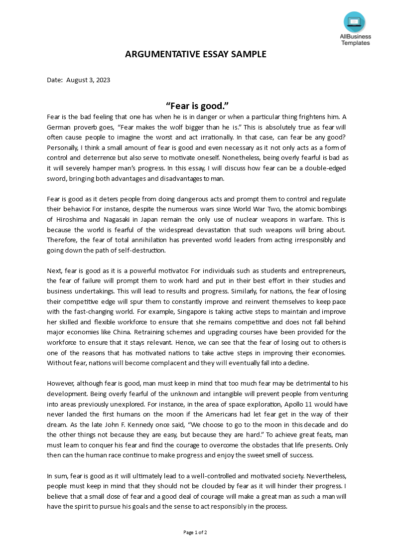 Argumentative Essay Sample Templates At Allbusinesstemplates