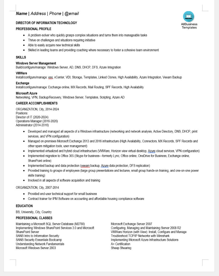 Technical IT Resume Format | Templates at allbusinesstemplates.com