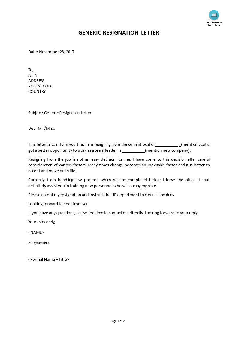 generic resignation letter template