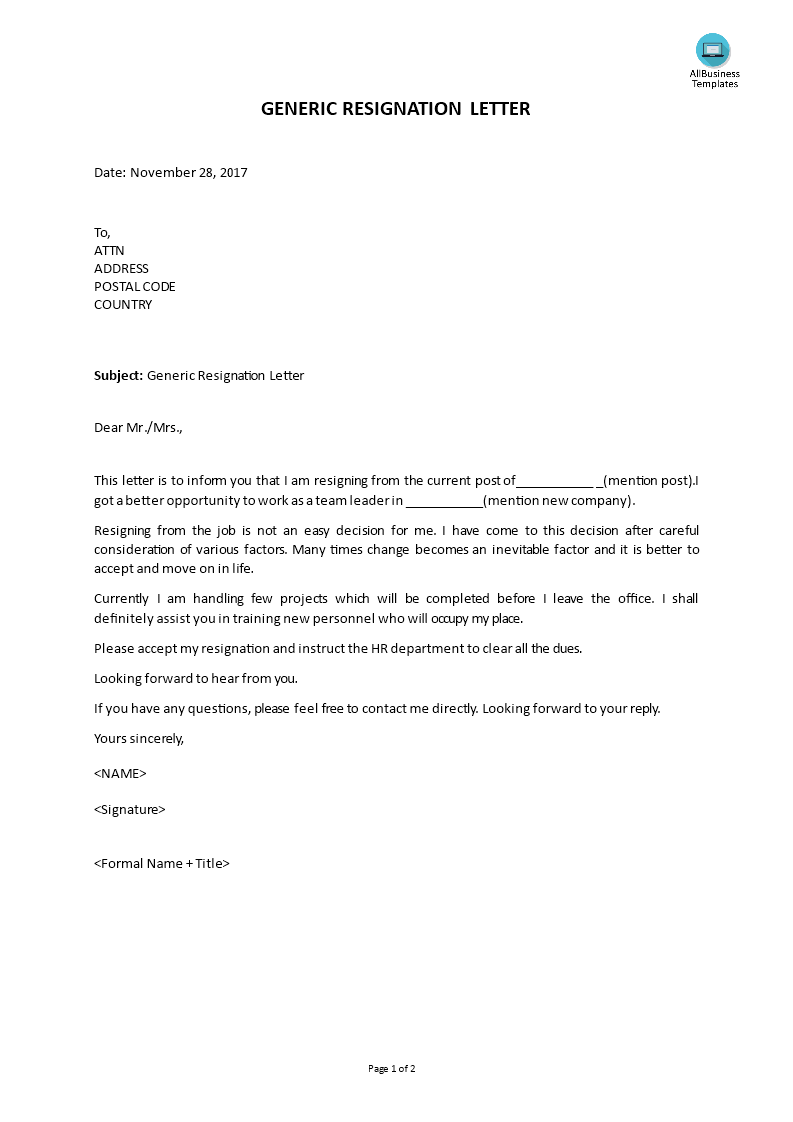 Generic Resignation Letter main image