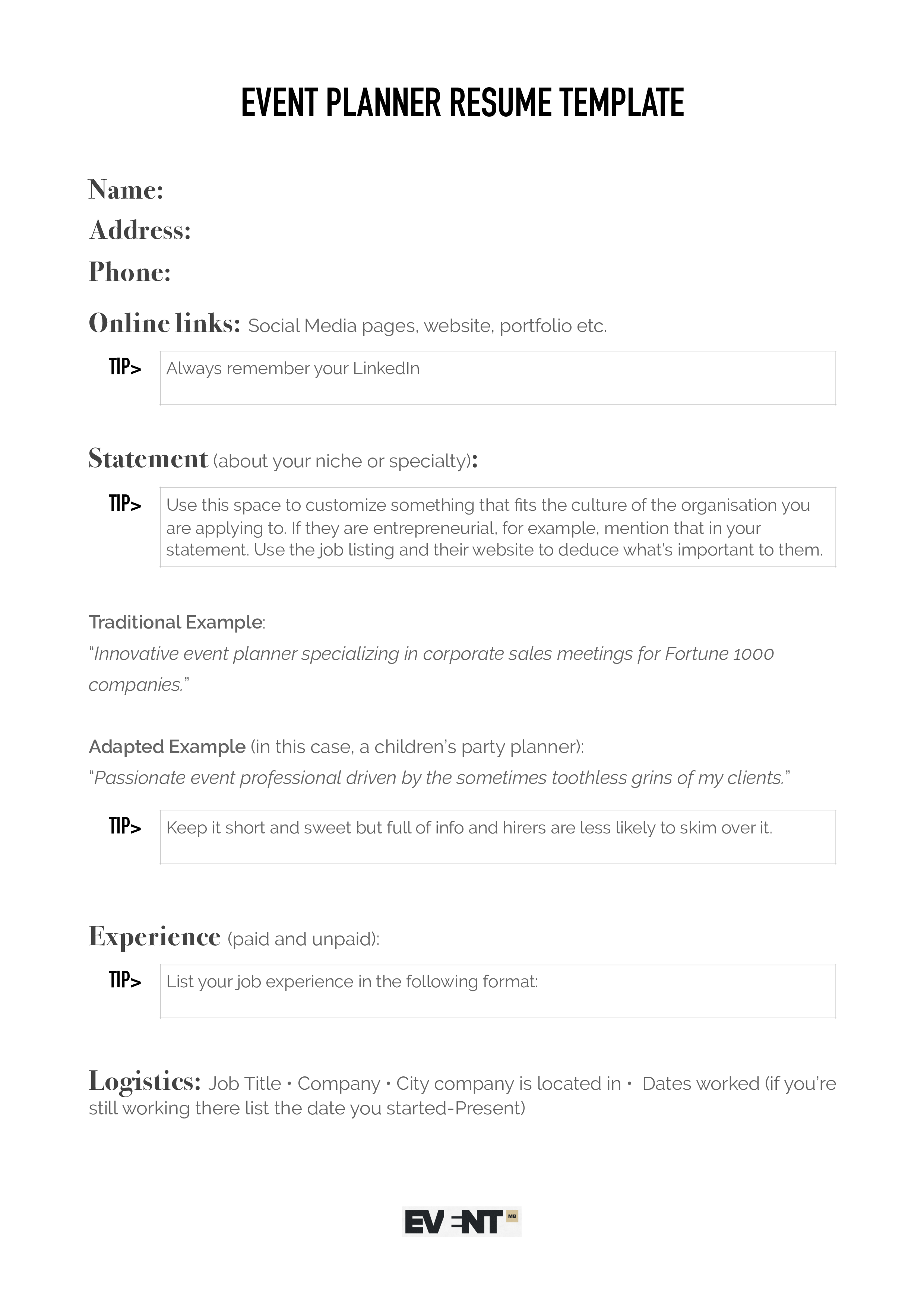 event planner résumé modèles