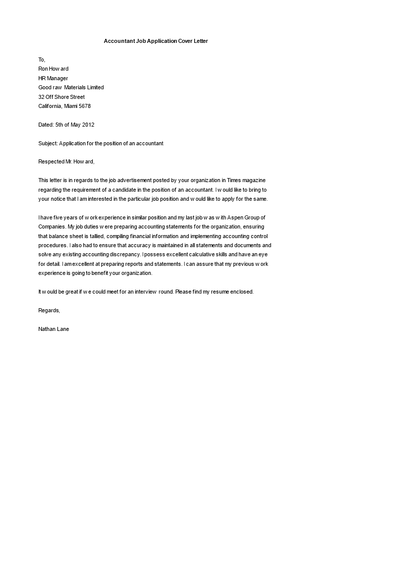 accountant job application cover letter template