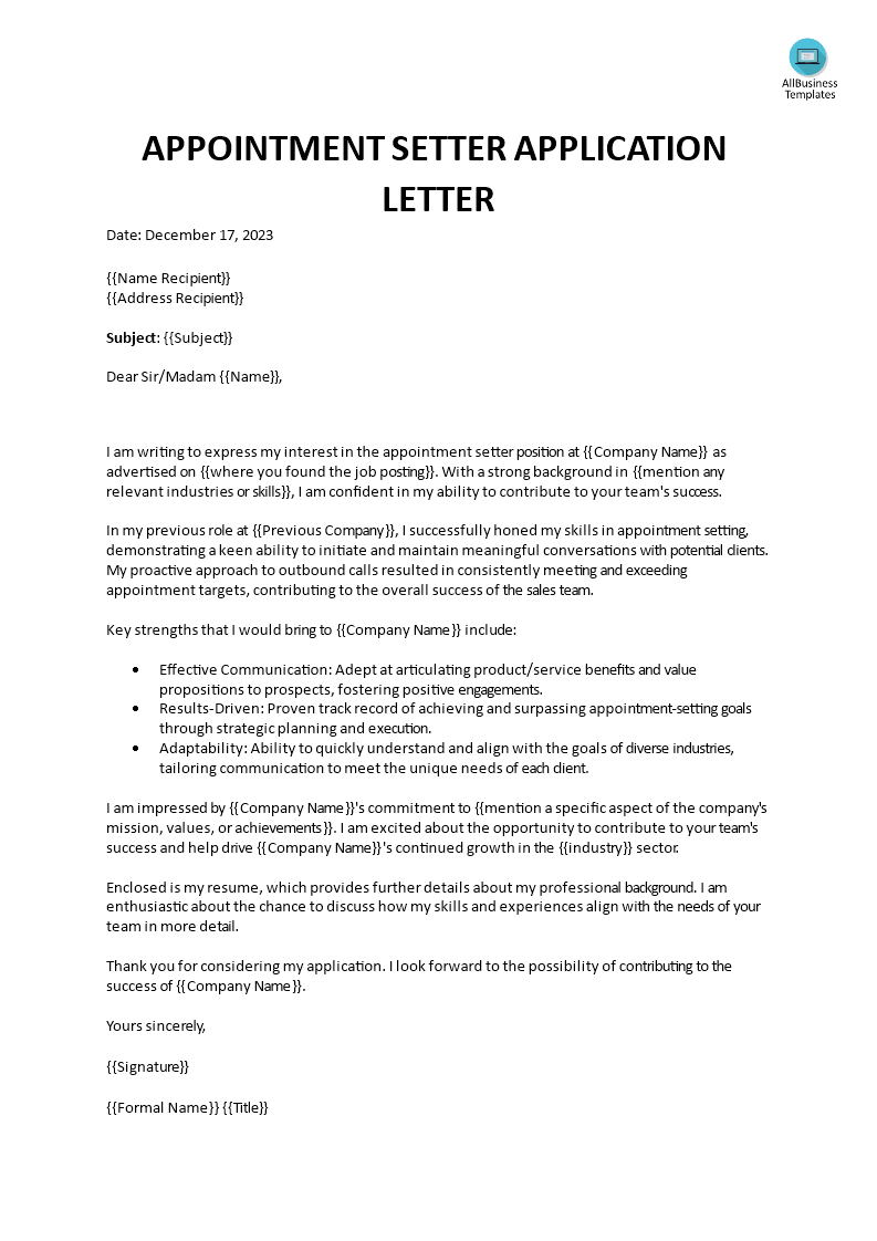 appointment setter application letter template
