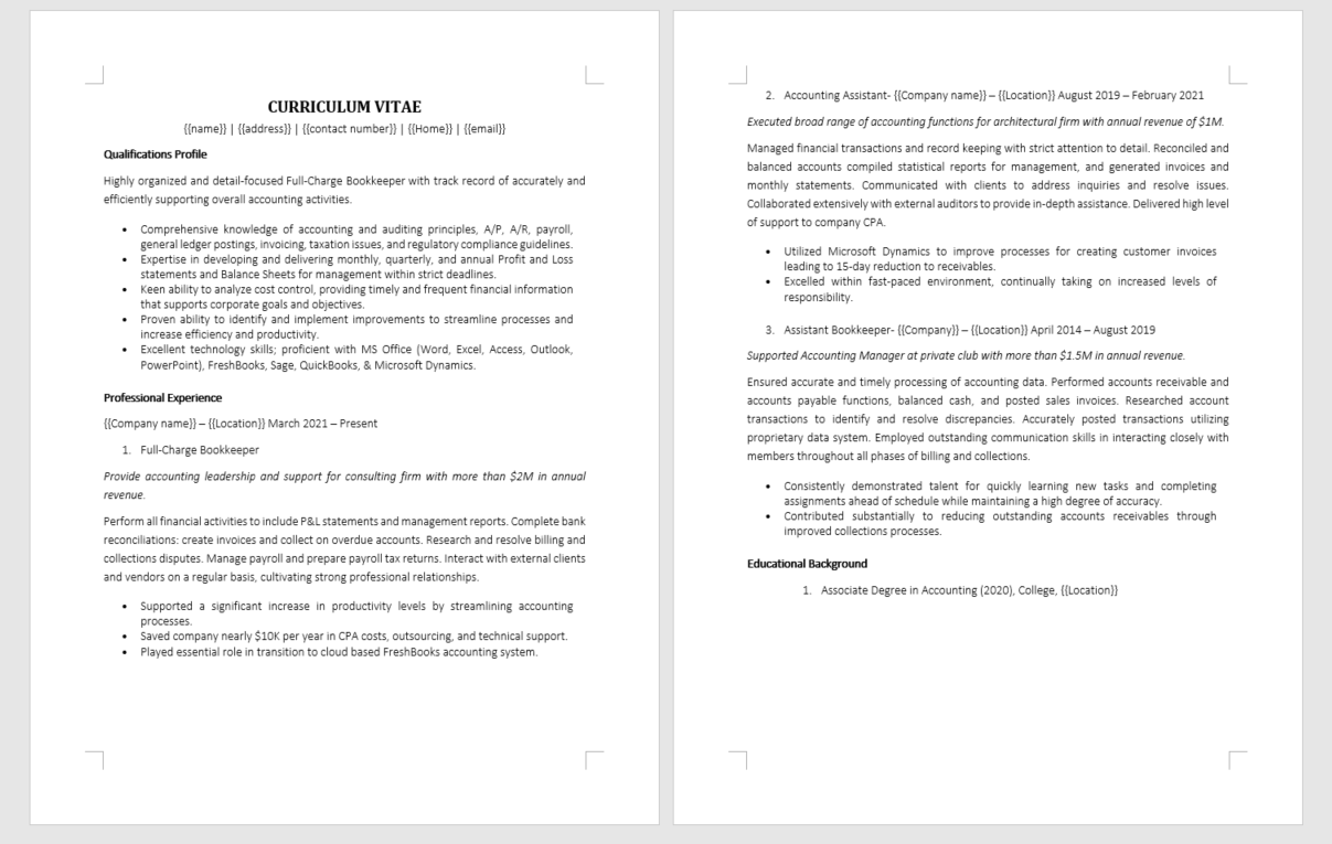 bookkeeper cv template