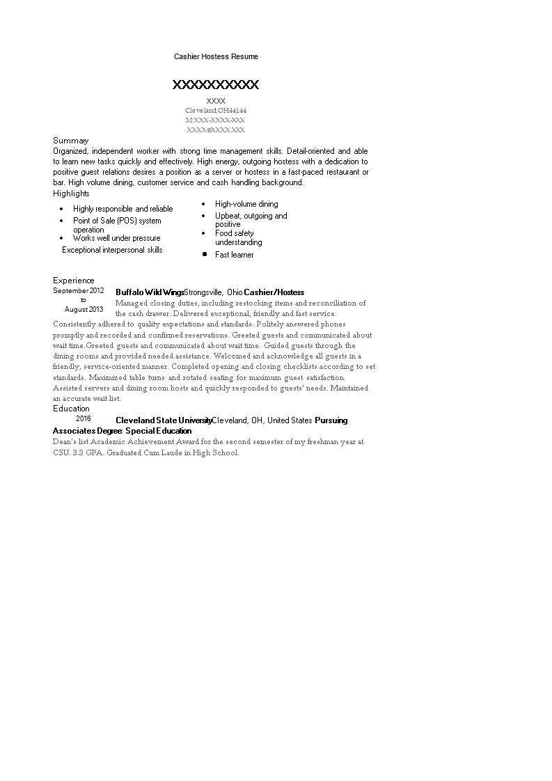 Cashier Hostess Resume main image