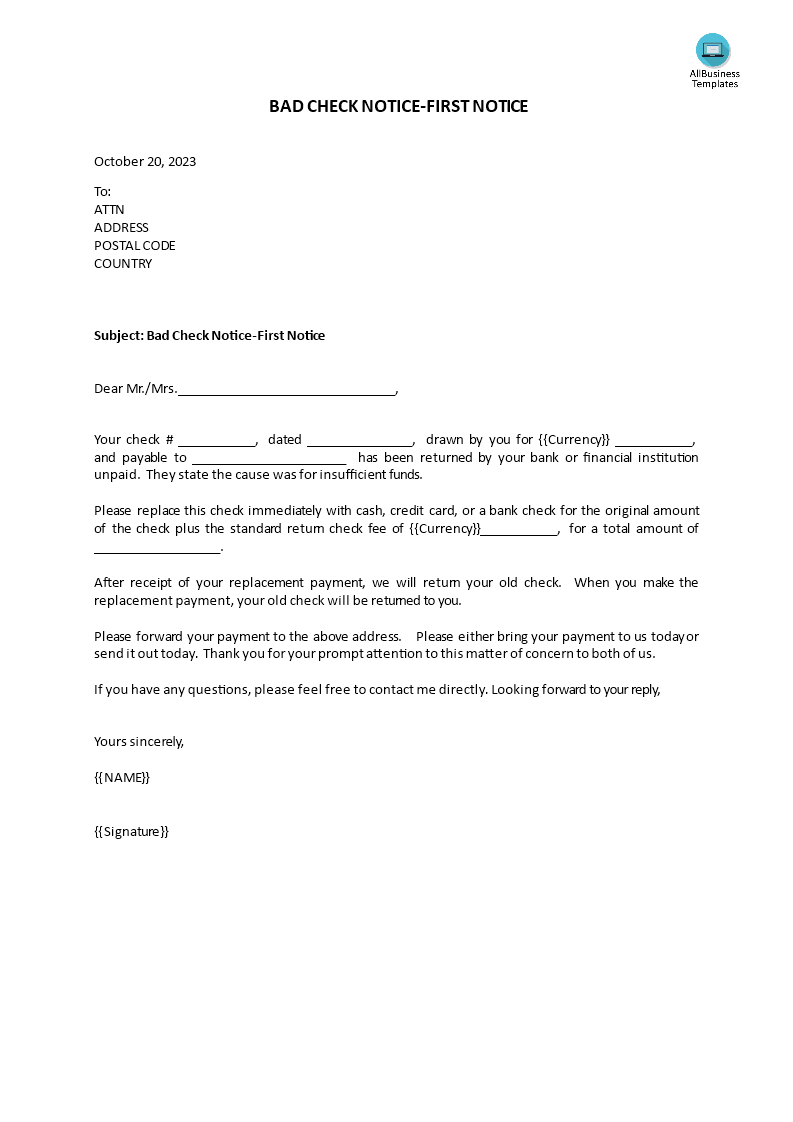 First Notice for Bad Check Premium Schablone
