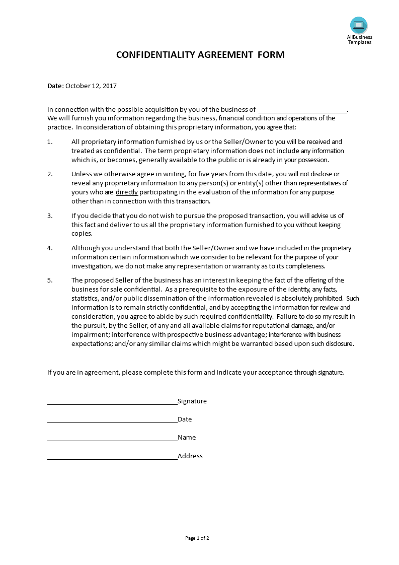Acquisition Confidentiality Agreement Form - Premium Schablone Inside accountant confidentiality agreement template