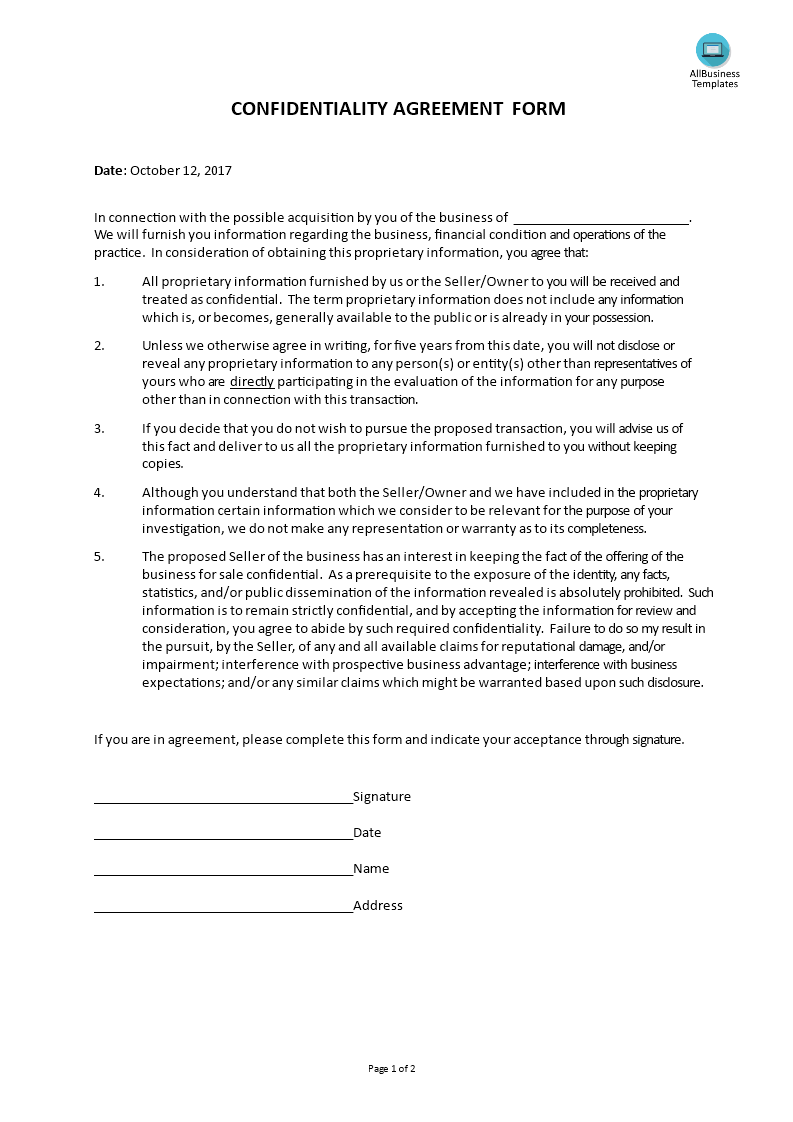 Acquisition Confidentiality Agreement Form 模板