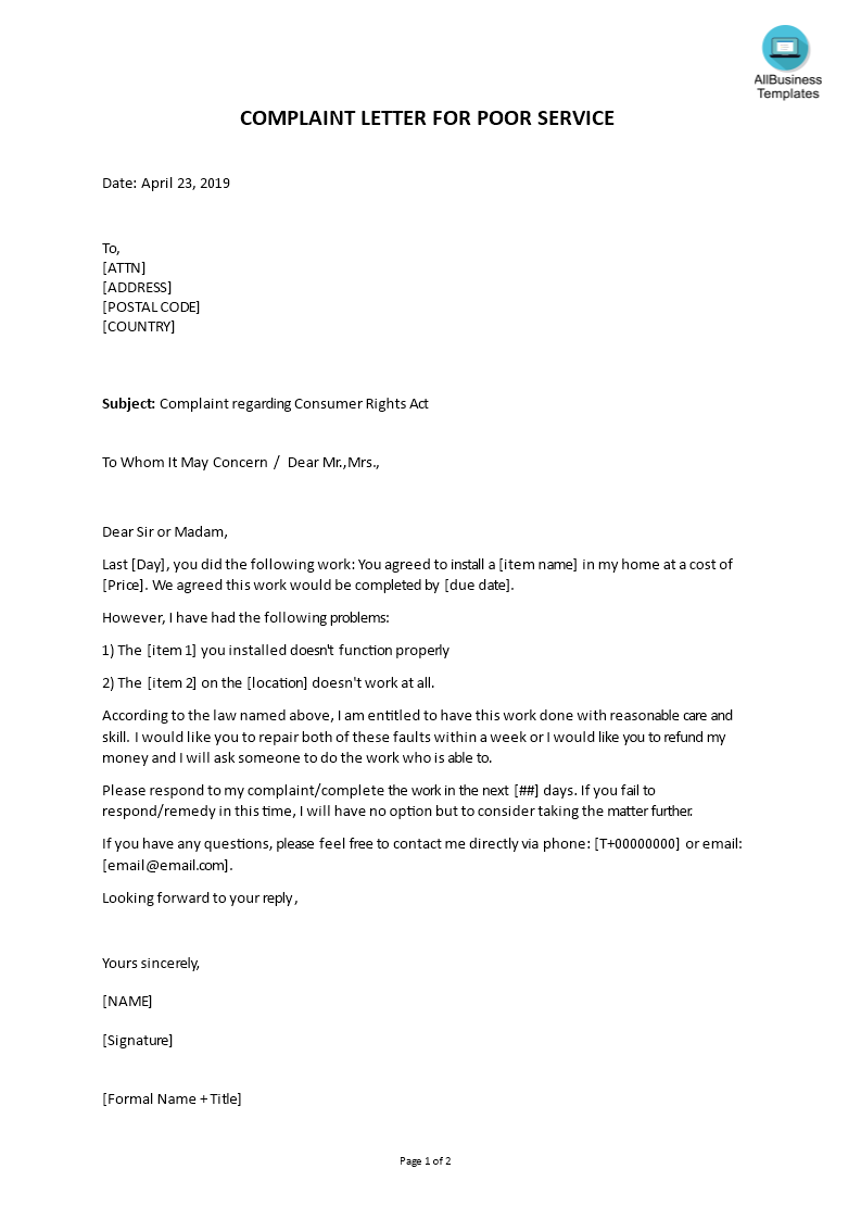 sample complaint letter for poor service template