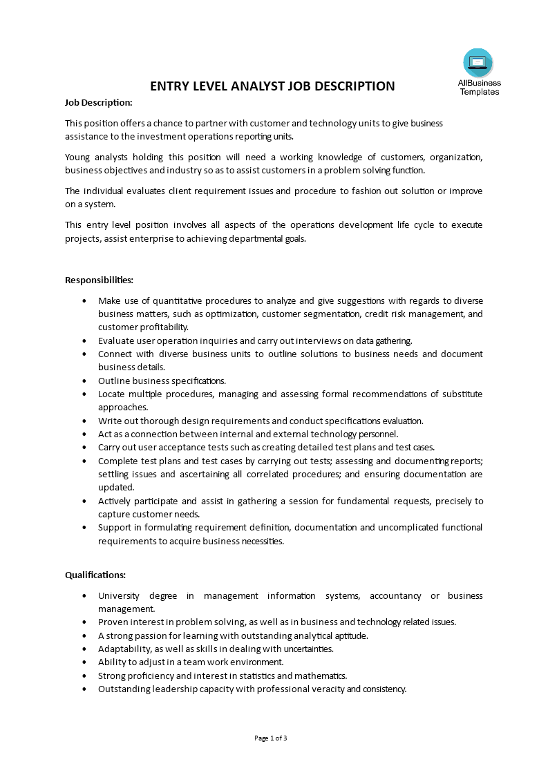 Entry Level Analyst Job Description main image