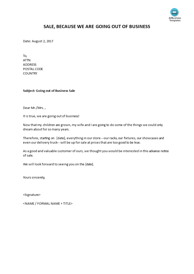 going out of business sales letter template