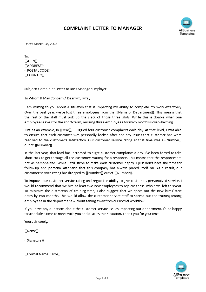 Sample Complaint Letter To Boss Manager Employer Templates At sample-complaint-letter-to-boss-manager-employer-templates-at