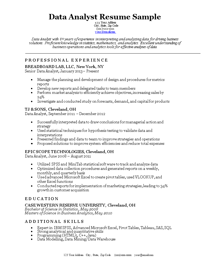 Data Analyst Curriculum Vitae main image