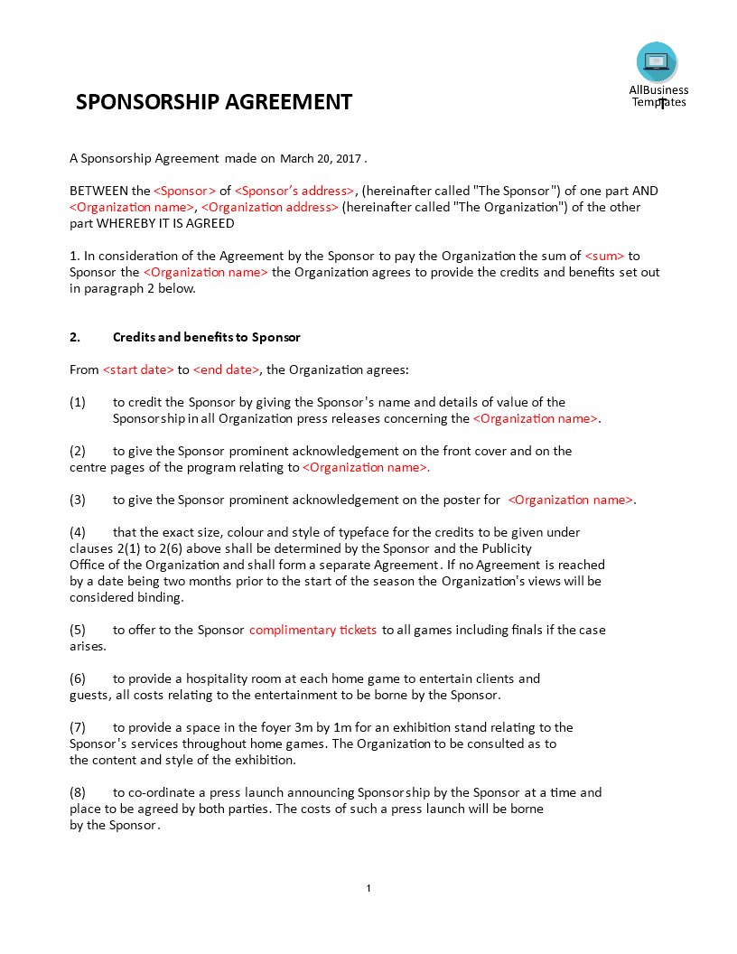 sponsorship agreement template