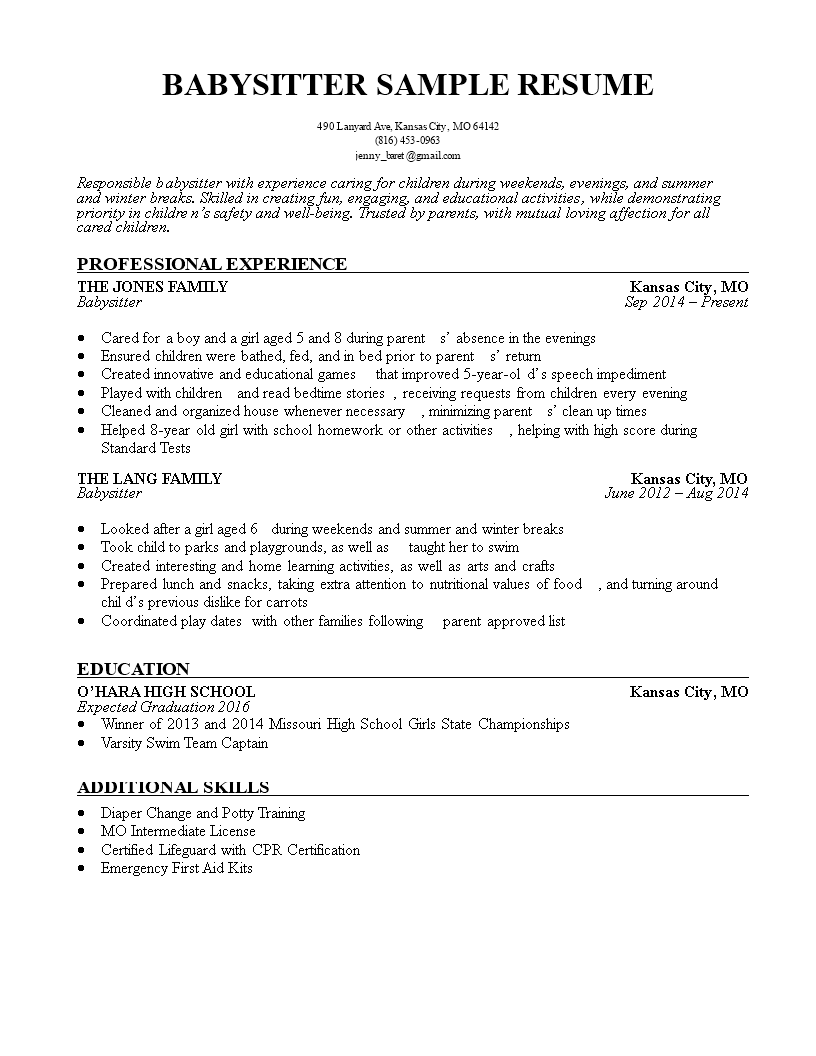 babysitter resume modèles