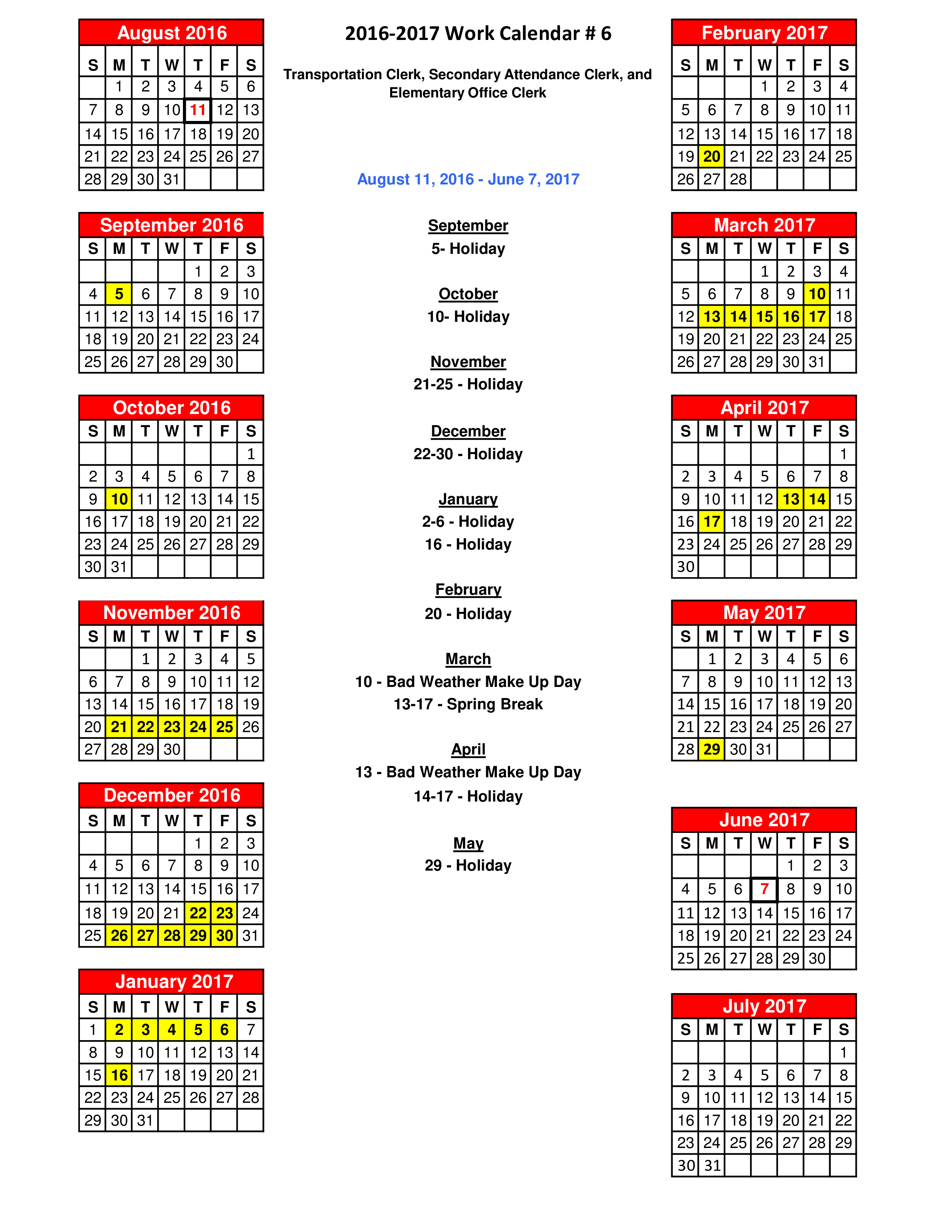 Work Calendar Sample 模板