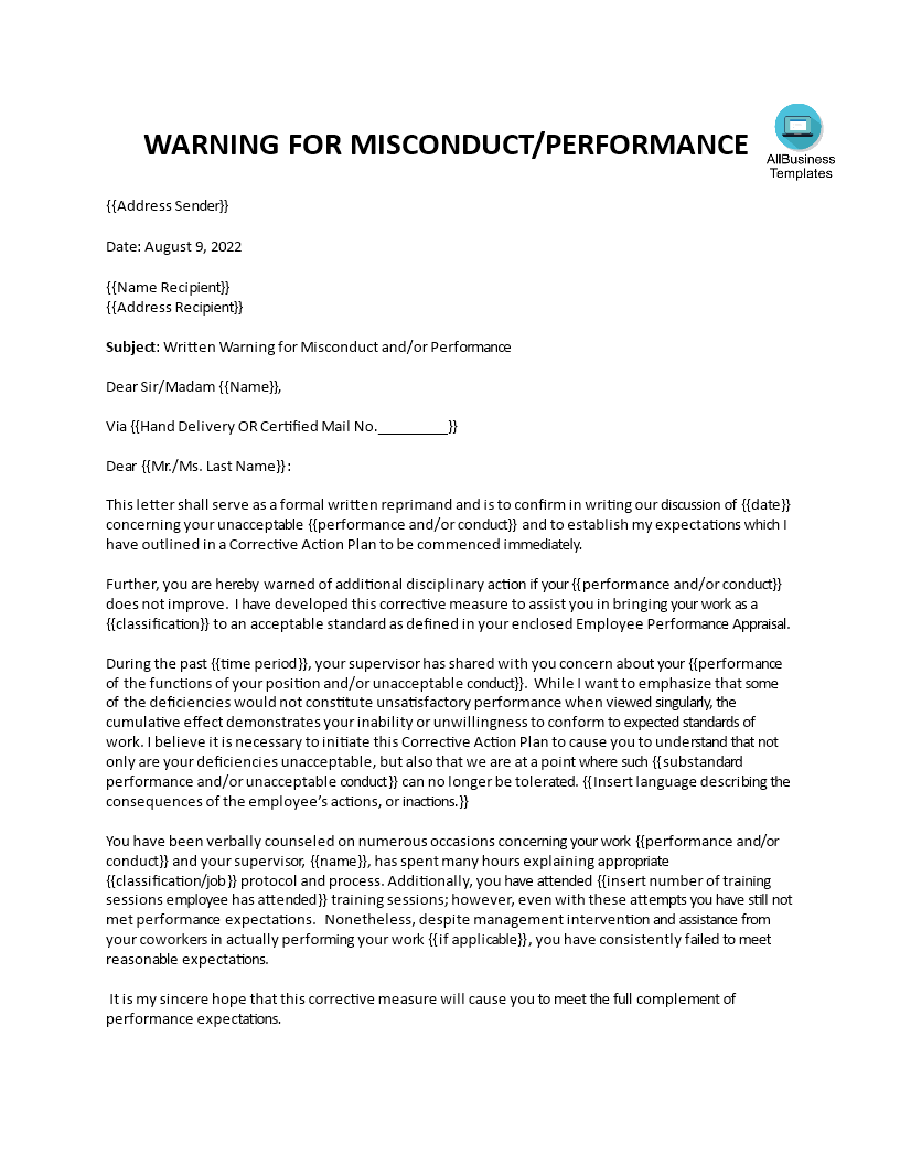 warning letter for poor work performance in company voorbeeld afbeelding 