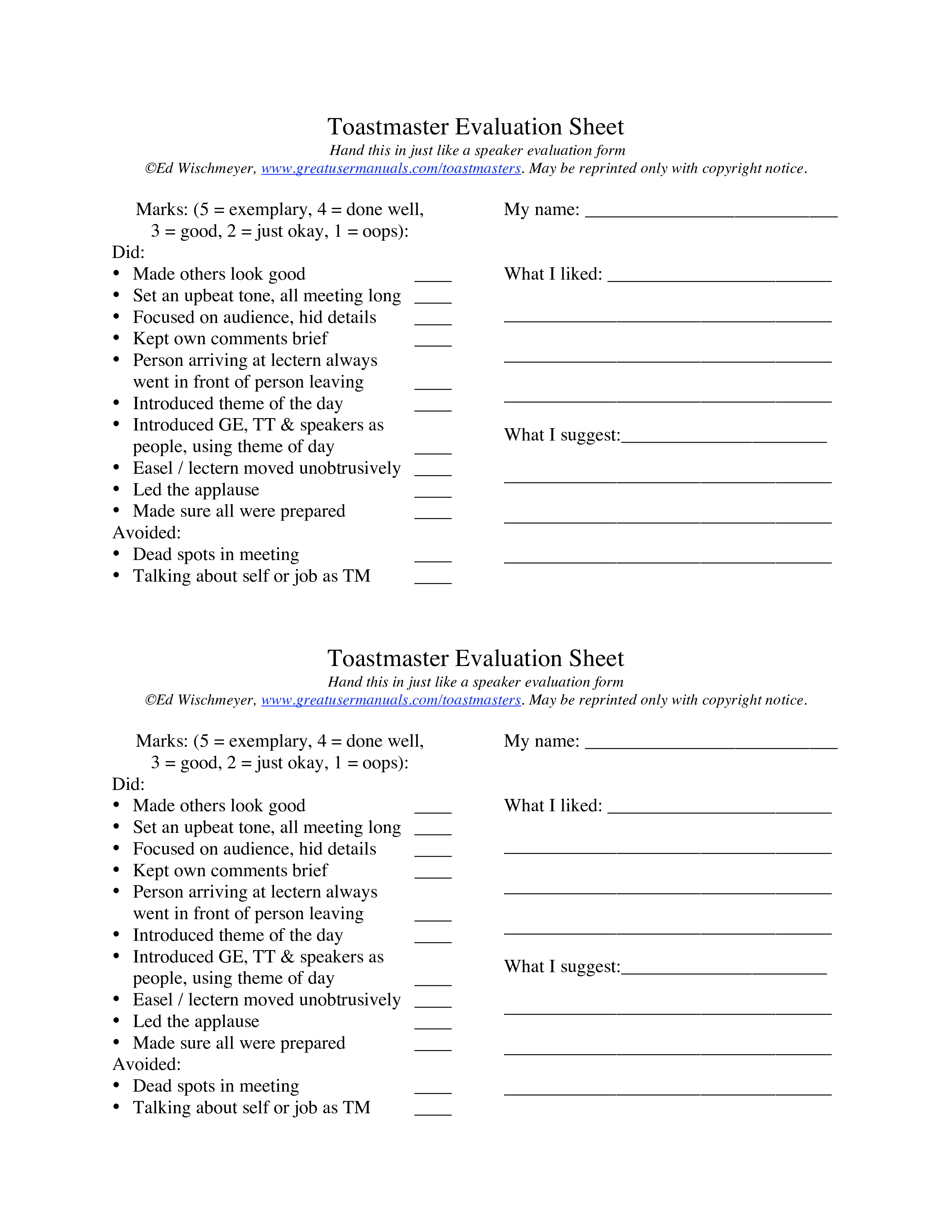 Toastmaster Speech Evaluation Sheet main image