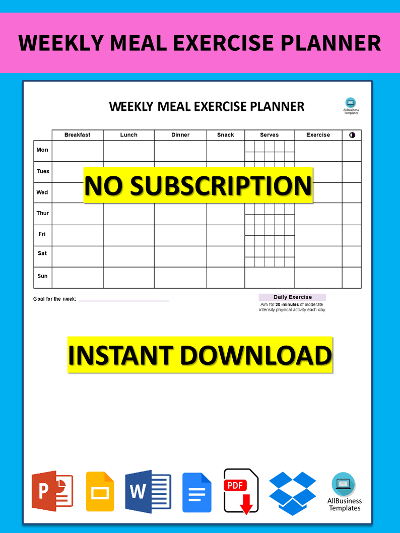 weekly meal exercise planner voorbeeld afbeelding 