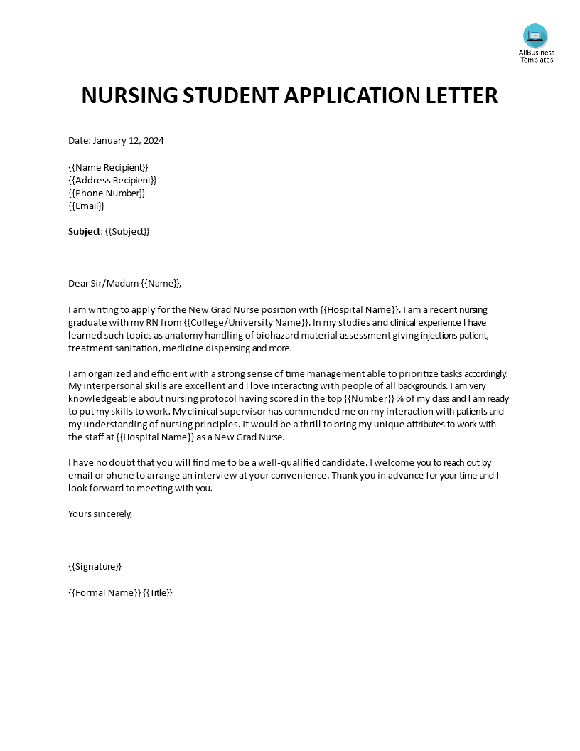nursing student application letter modèles