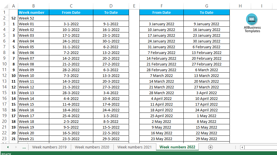 2022 52 Week Calendar Excel Week Numbers 2022 | Templates At Allbusinesstemplates.com