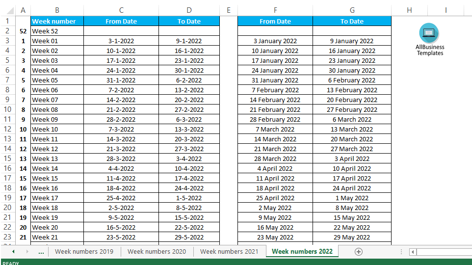 week numbers 2022 templates at allbusinesstemplatescom