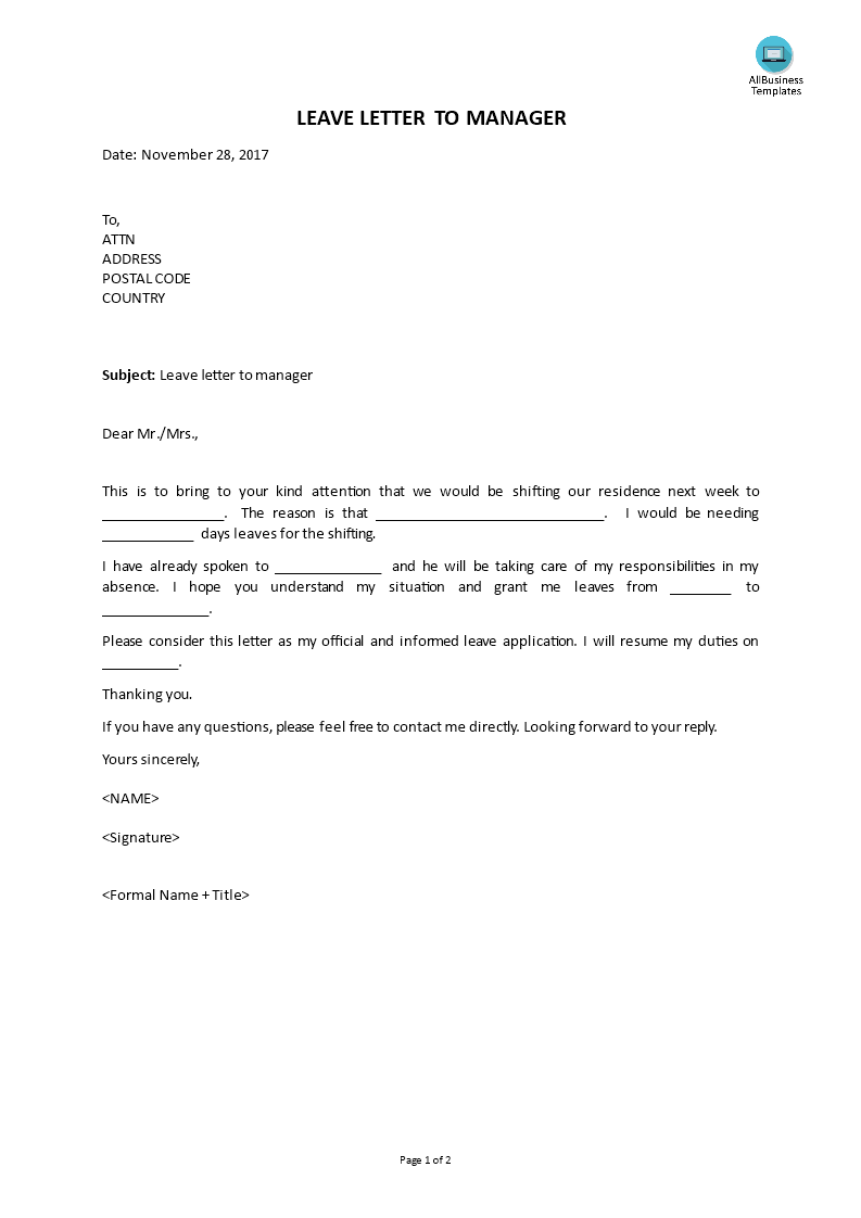 leave letter to manager template