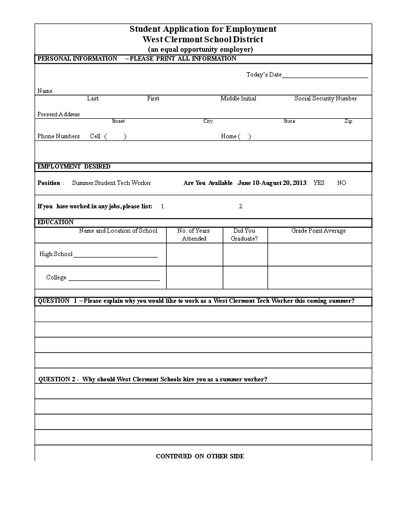 student job application template