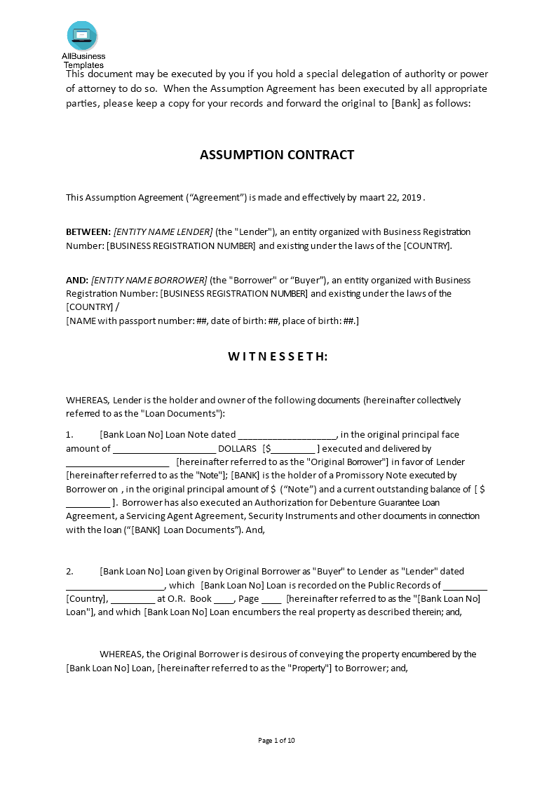 bank loan assumption contract template