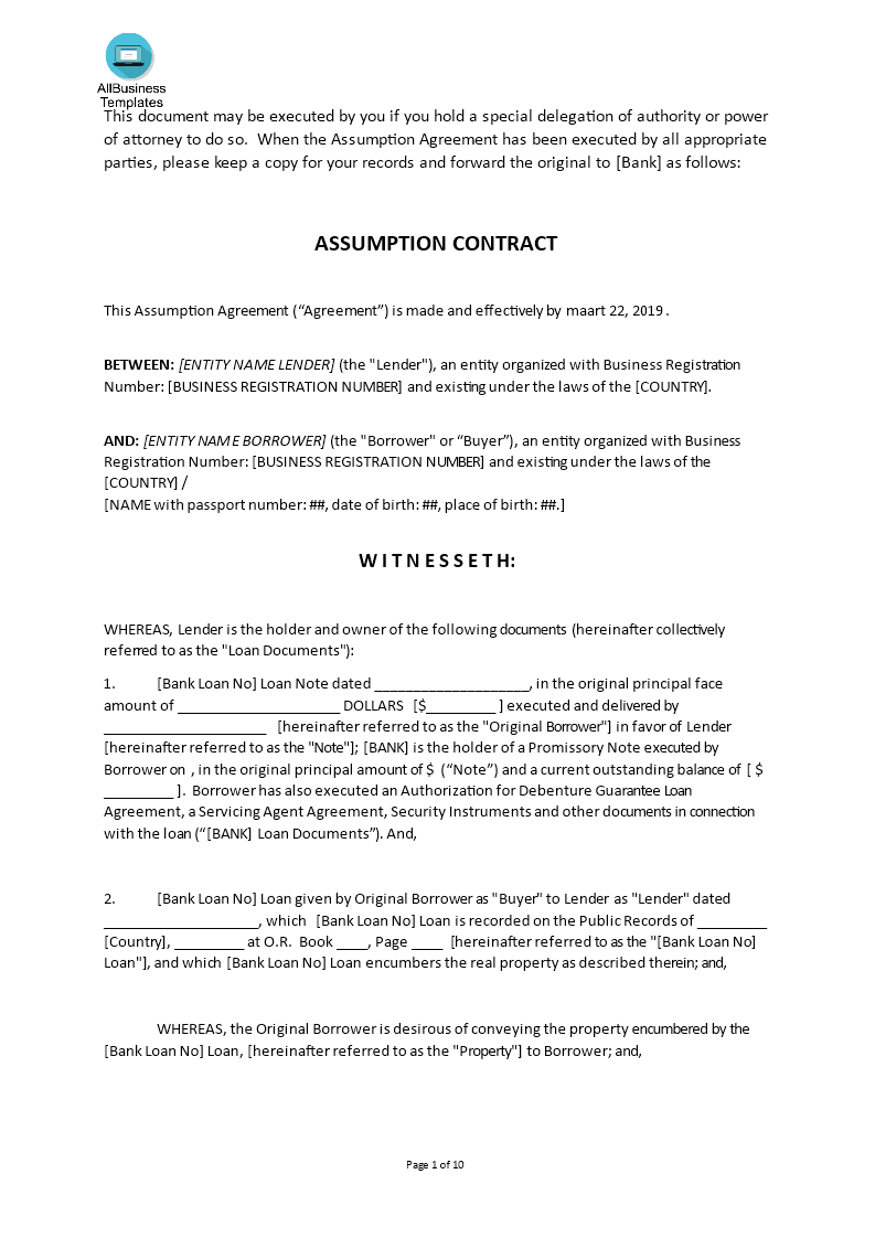 bank loan assumption contract Hauptschablonenbild