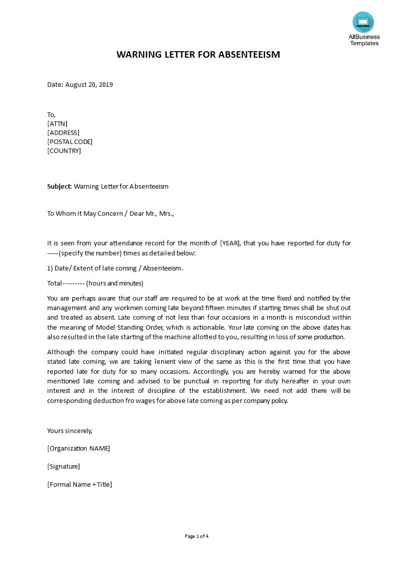 warning letter sample for absenteeism template