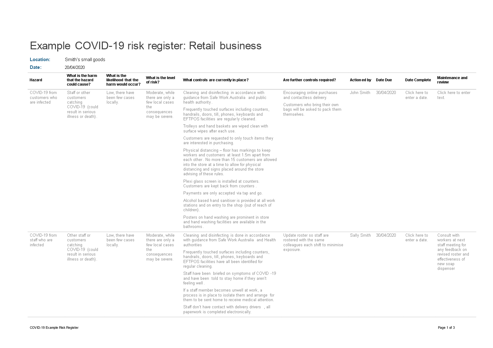 covid19 retail business risk register modèles
