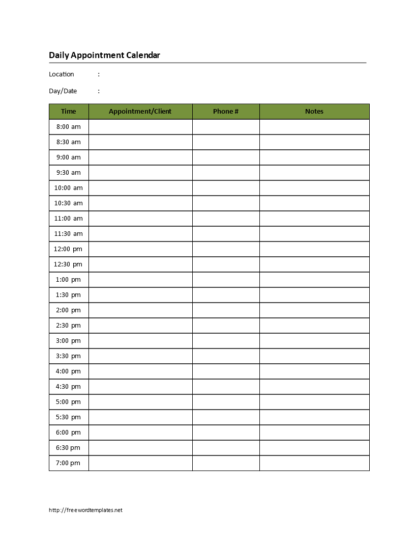 Printable Blank Daily Appointment Calendar main image
