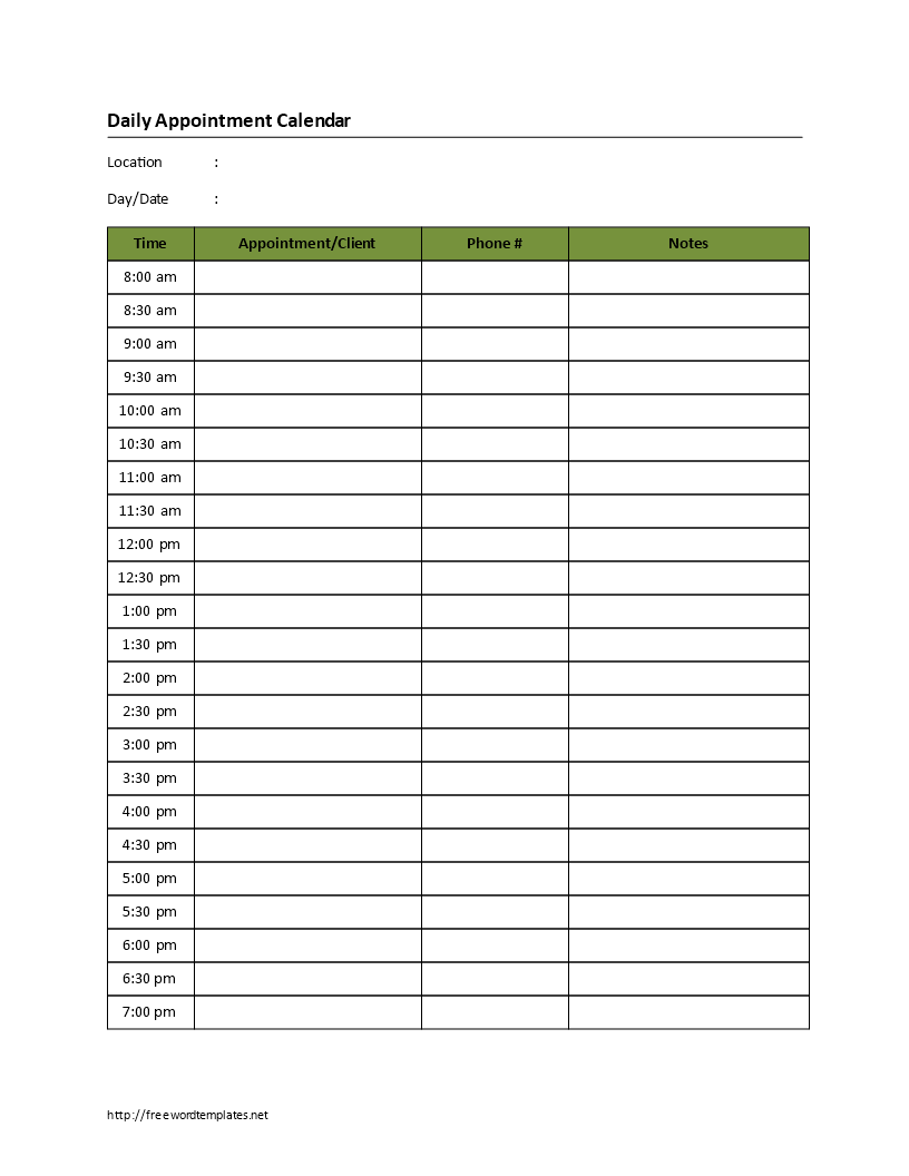 Printable Blank Daily Appointment Calendar  Templates at In Printable Blank Daily Schedule Template