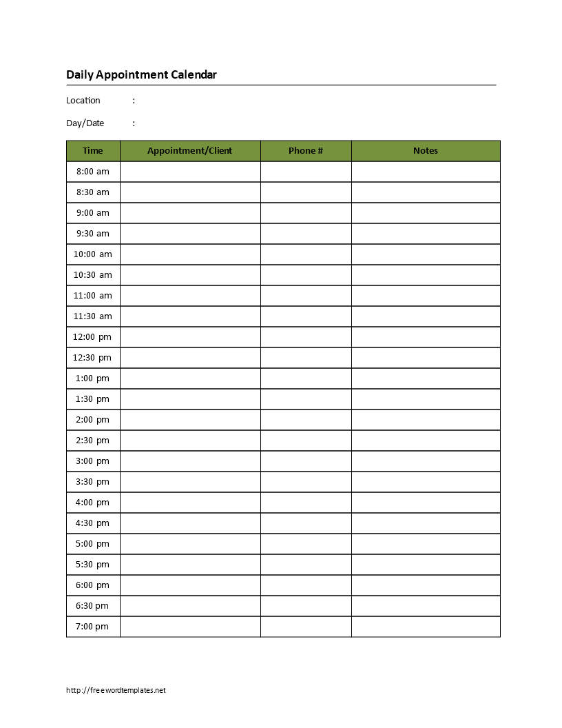 Printable Blank Daily Appointment Calendar Templates At 