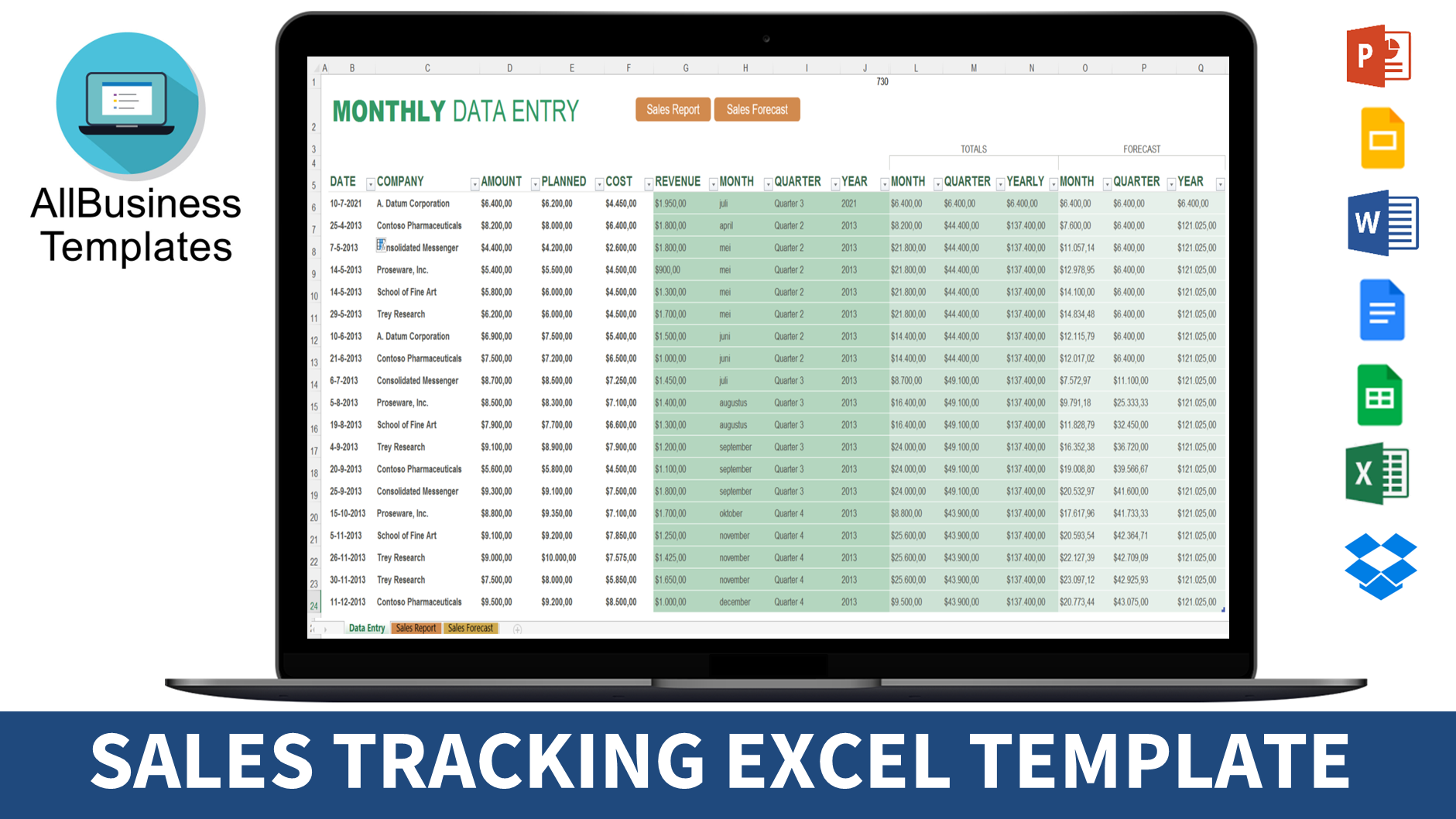 免费 Monthly Sales Tracking Excel 样本文件在