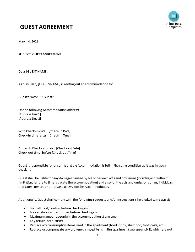 roomorama guest short term rent agreement template