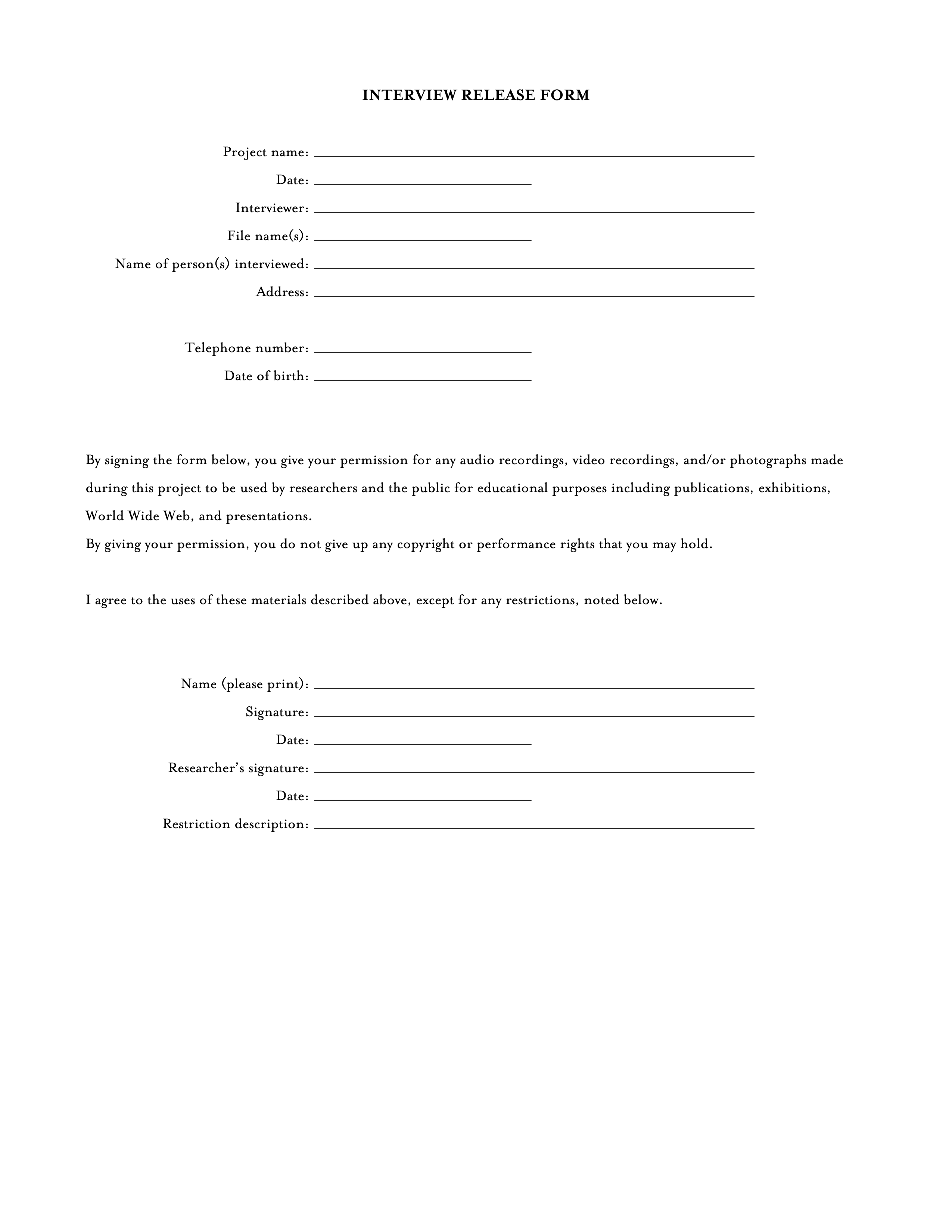 interview release form voorbeeld afbeelding 