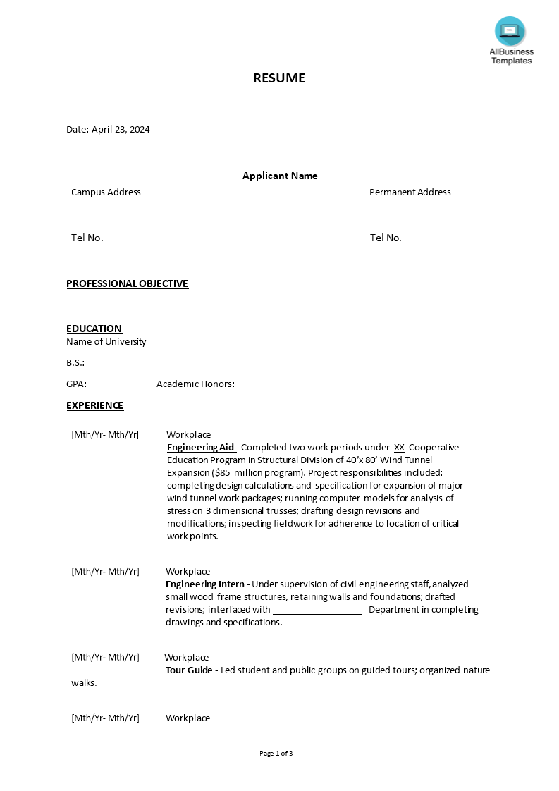 junior civil engineer chronological format resume plantilla imagen principal