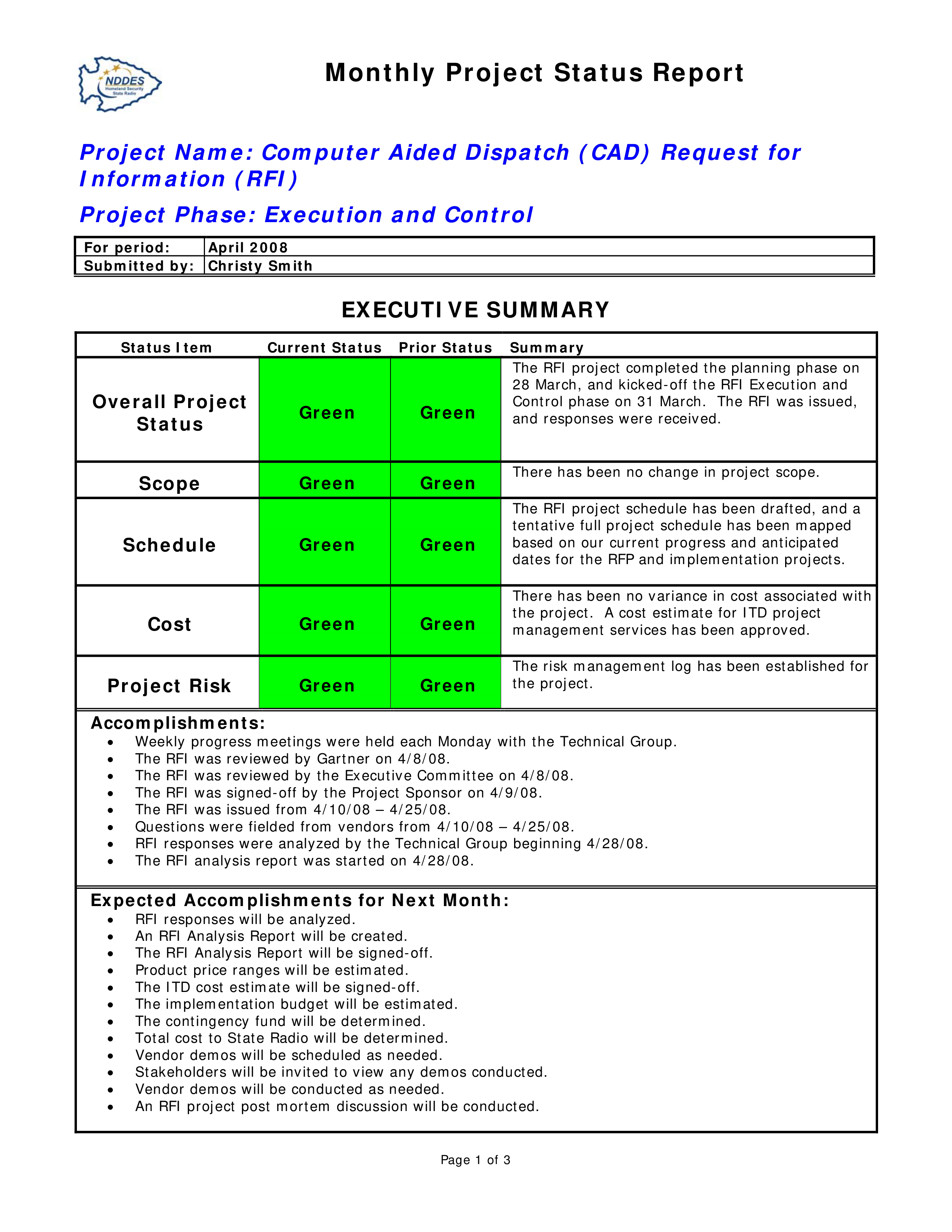 Monthly Project Status Report 模板