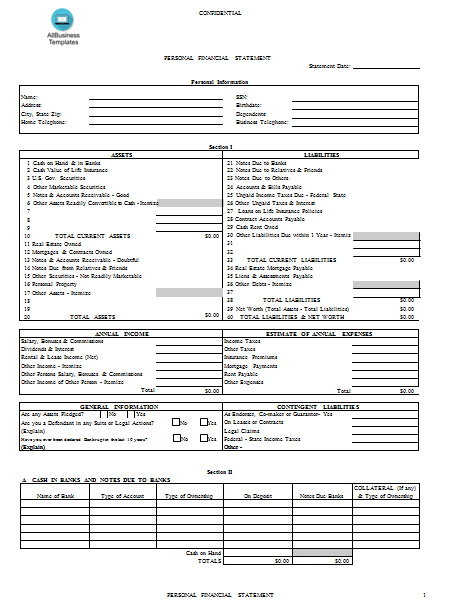 Blank Personal Financial Statement 模板