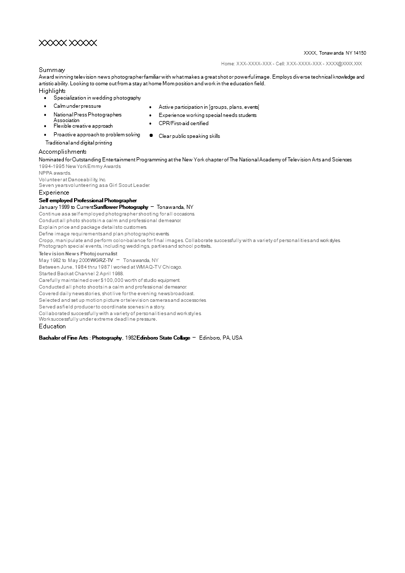 self employed photographer resume template