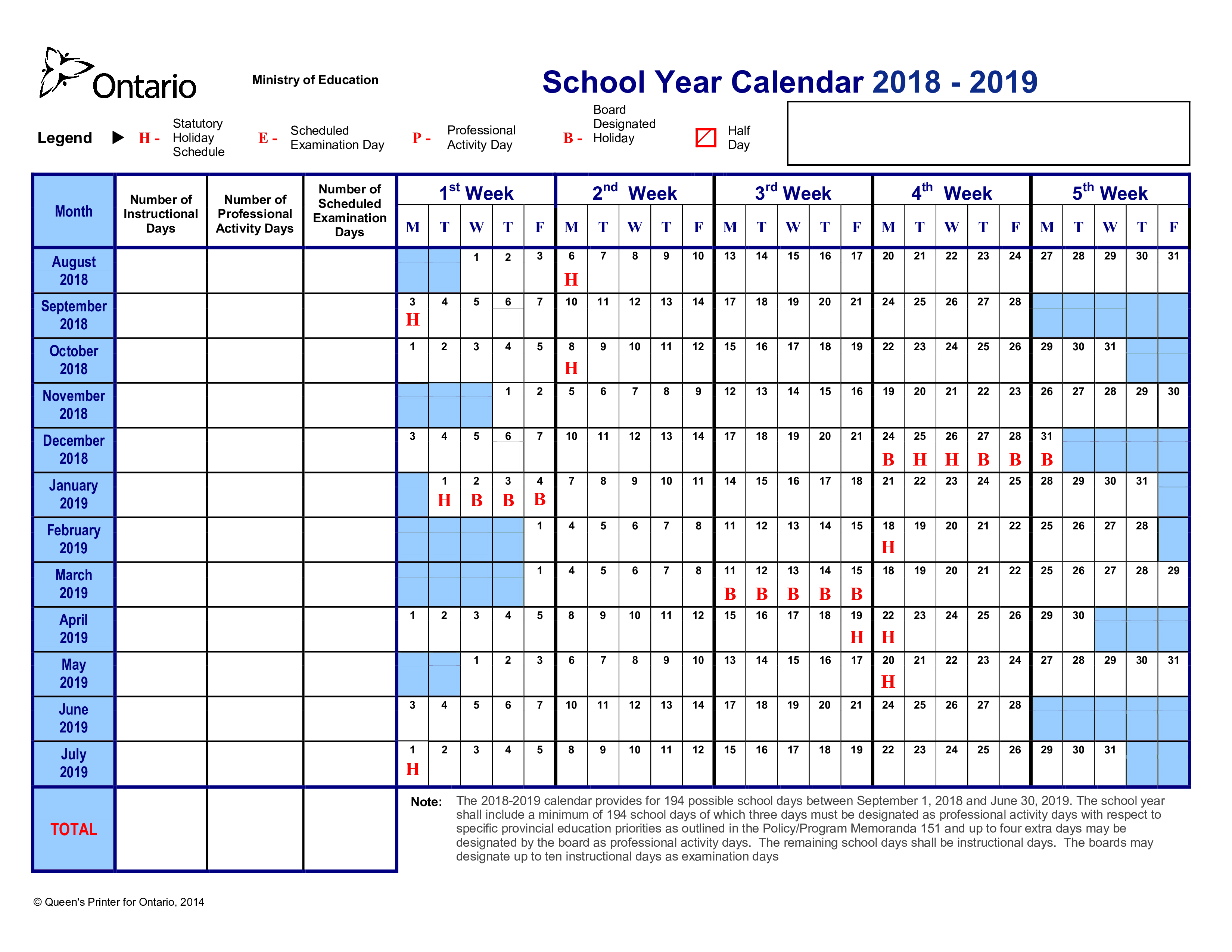 School Year Training Calendar 2018-2019 main image