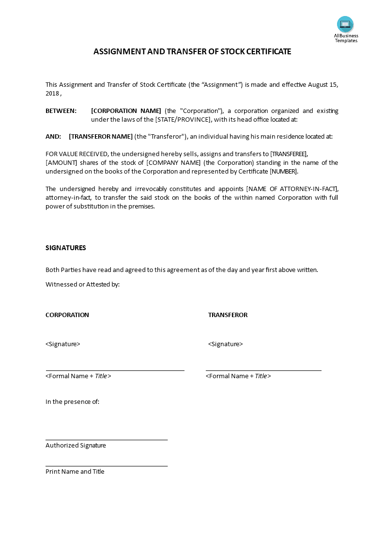 assignment and transfer of stock certificate voorbeeld afbeelding 