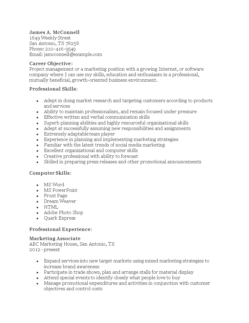 Marketing Sales Associate Resume example 模板