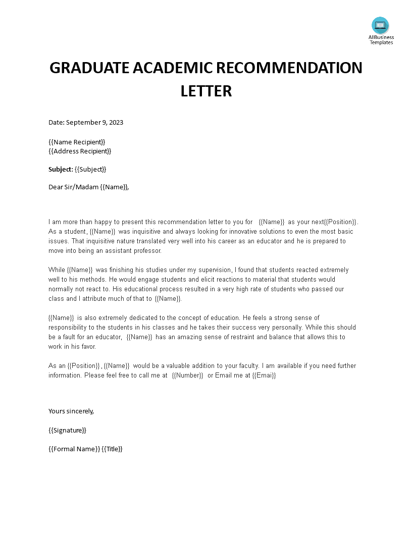 graduate academic recommendation letter template