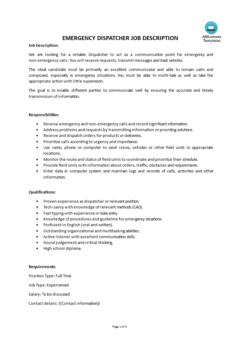 emergency dispatcher job description modèles