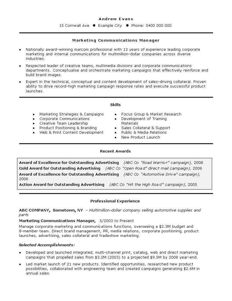 marketing manager job resume voorbeeld afbeelding 