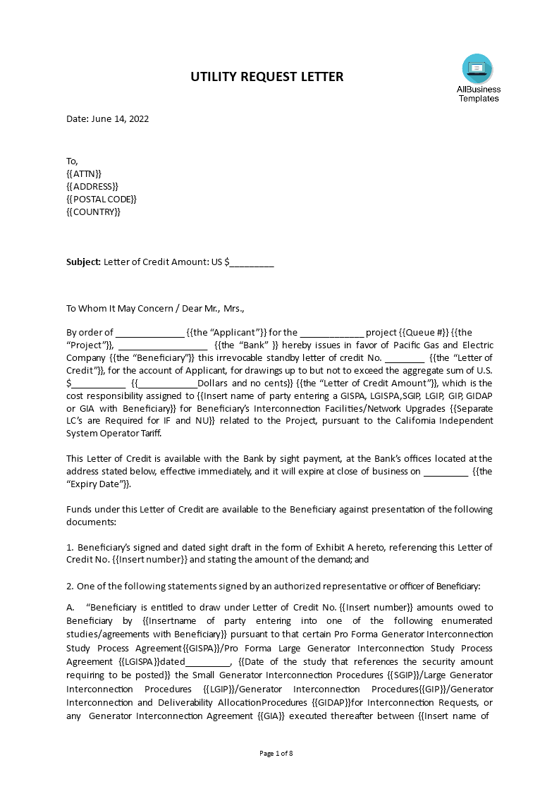 credit reference letter utility company Hauptschablonenbild