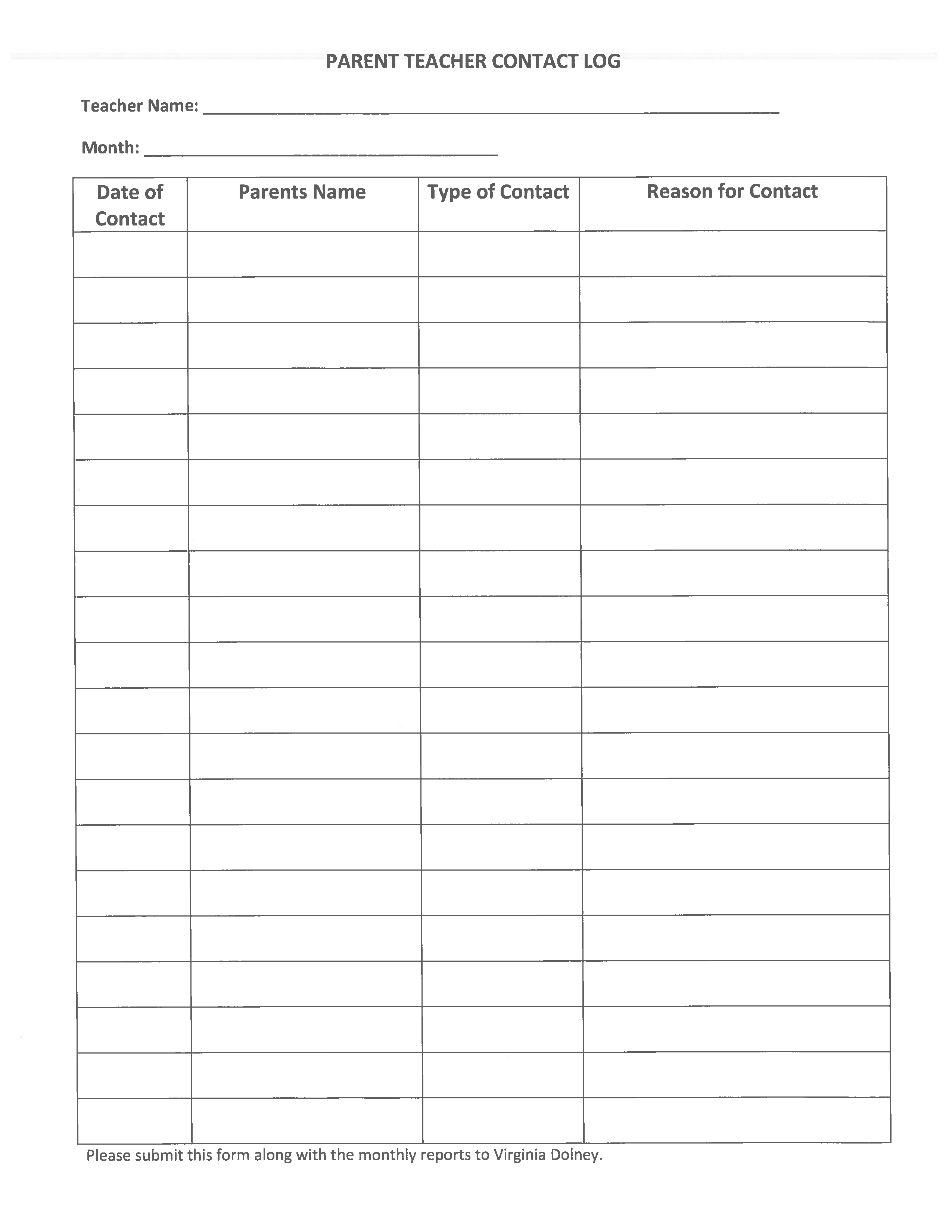 teacher parent contact log template